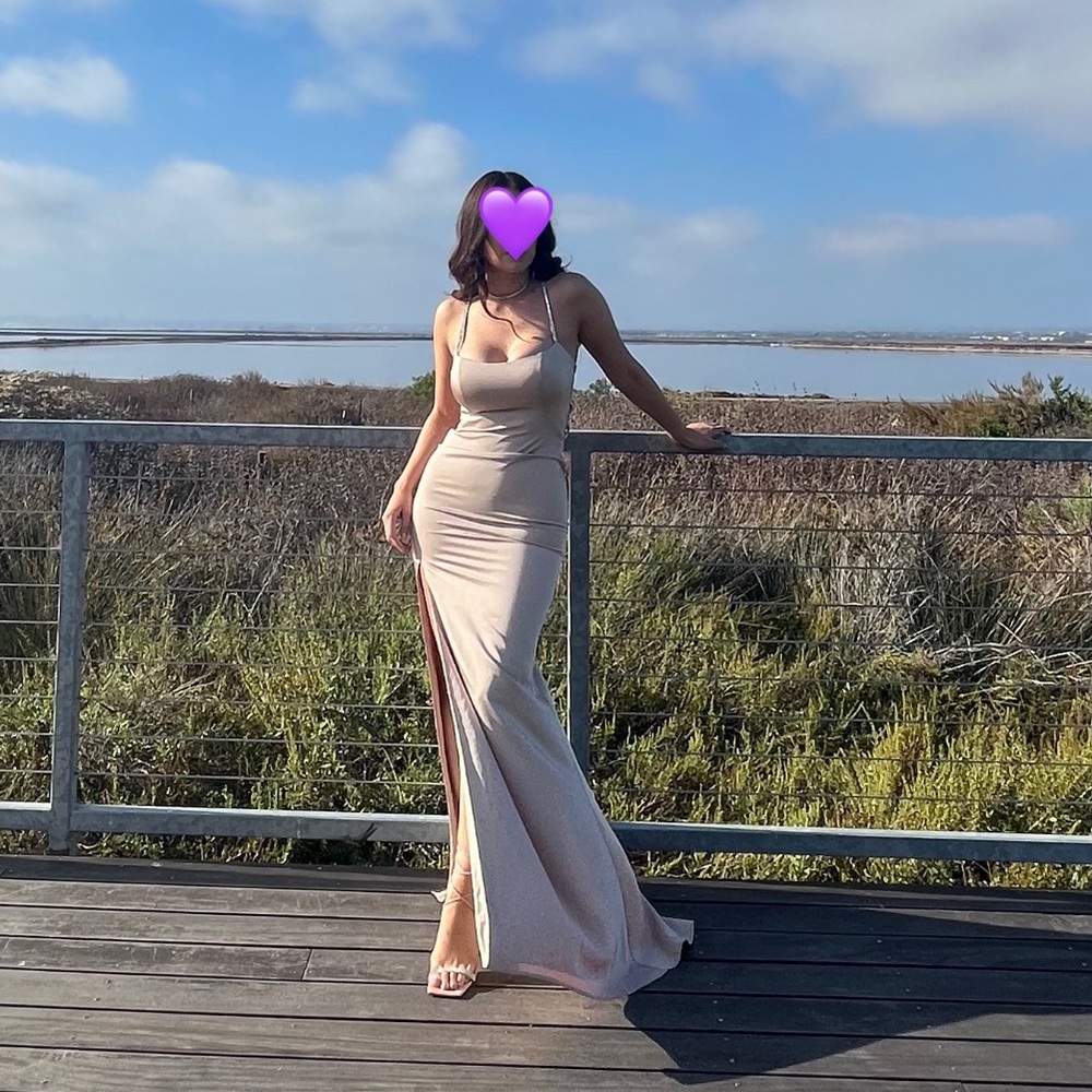 LA FEMME satin nude dress rhinestone back straps